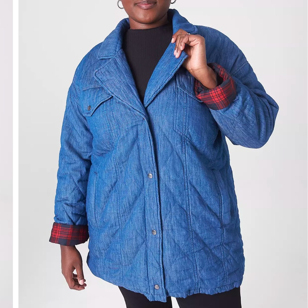Blue Quilted Women's Jacket with Plaid Lining